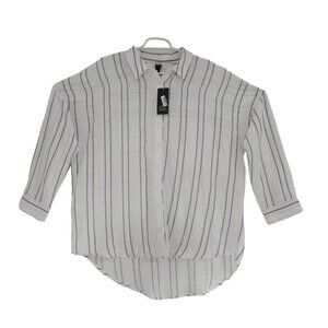 The White Collection Women's Striped Button-Down Shirt Long Sleeves Curved Hem S